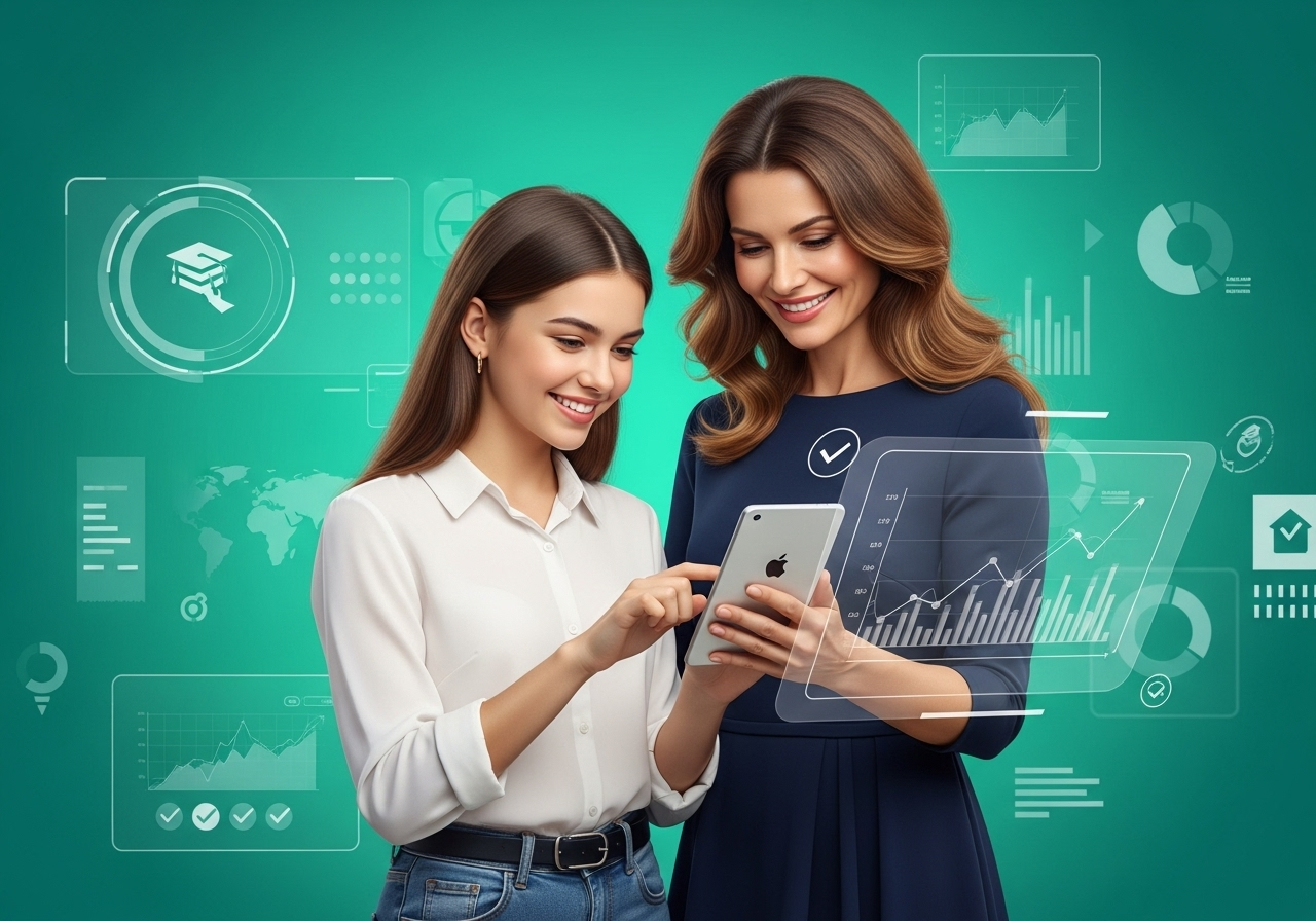 Perempuan muda di kantor memegang gadget